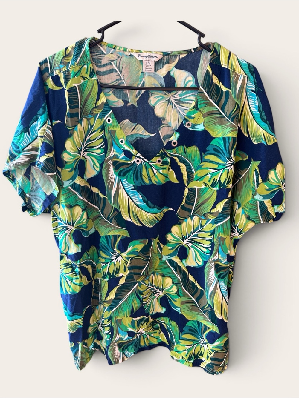 Tommy Bahama Navy Blue Green Tropical Leaf Short Sleeve Tee